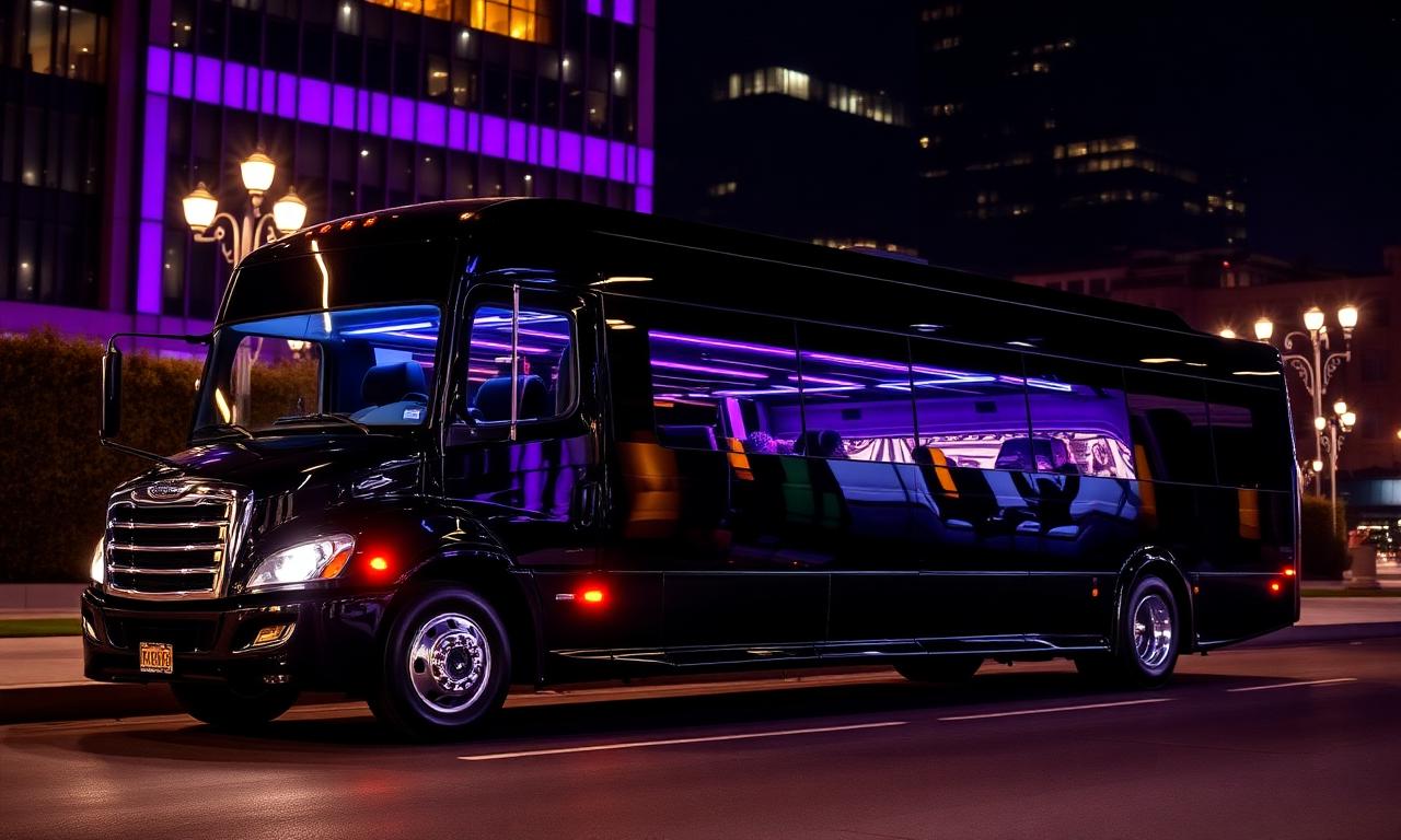 Party bus exterior at night